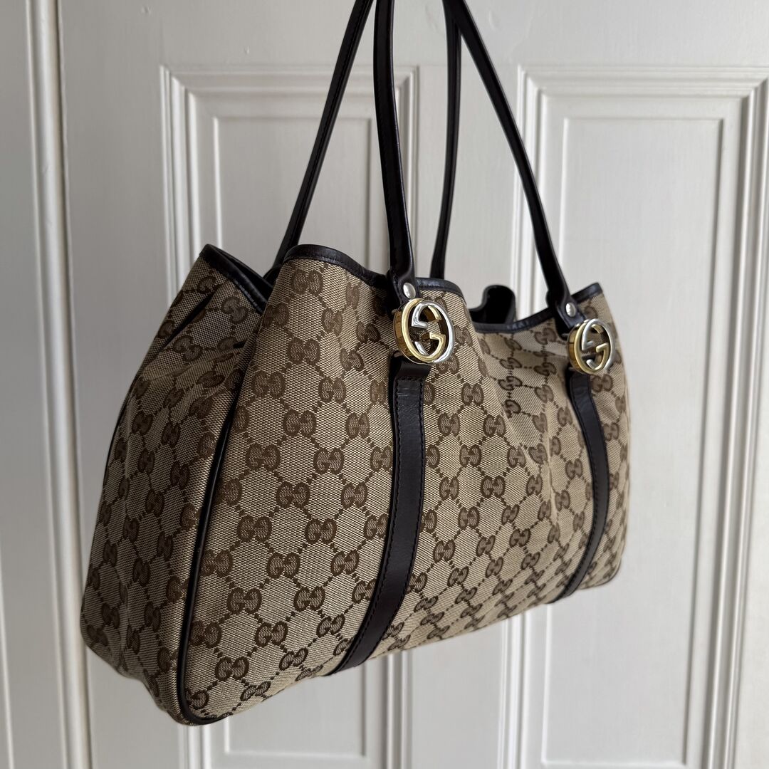 Gucci GG Canvas Twins Black Leather Tote Bag