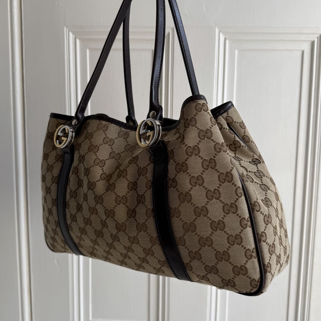 Gucci GG Canvas Twins Black Leather Tote Bag