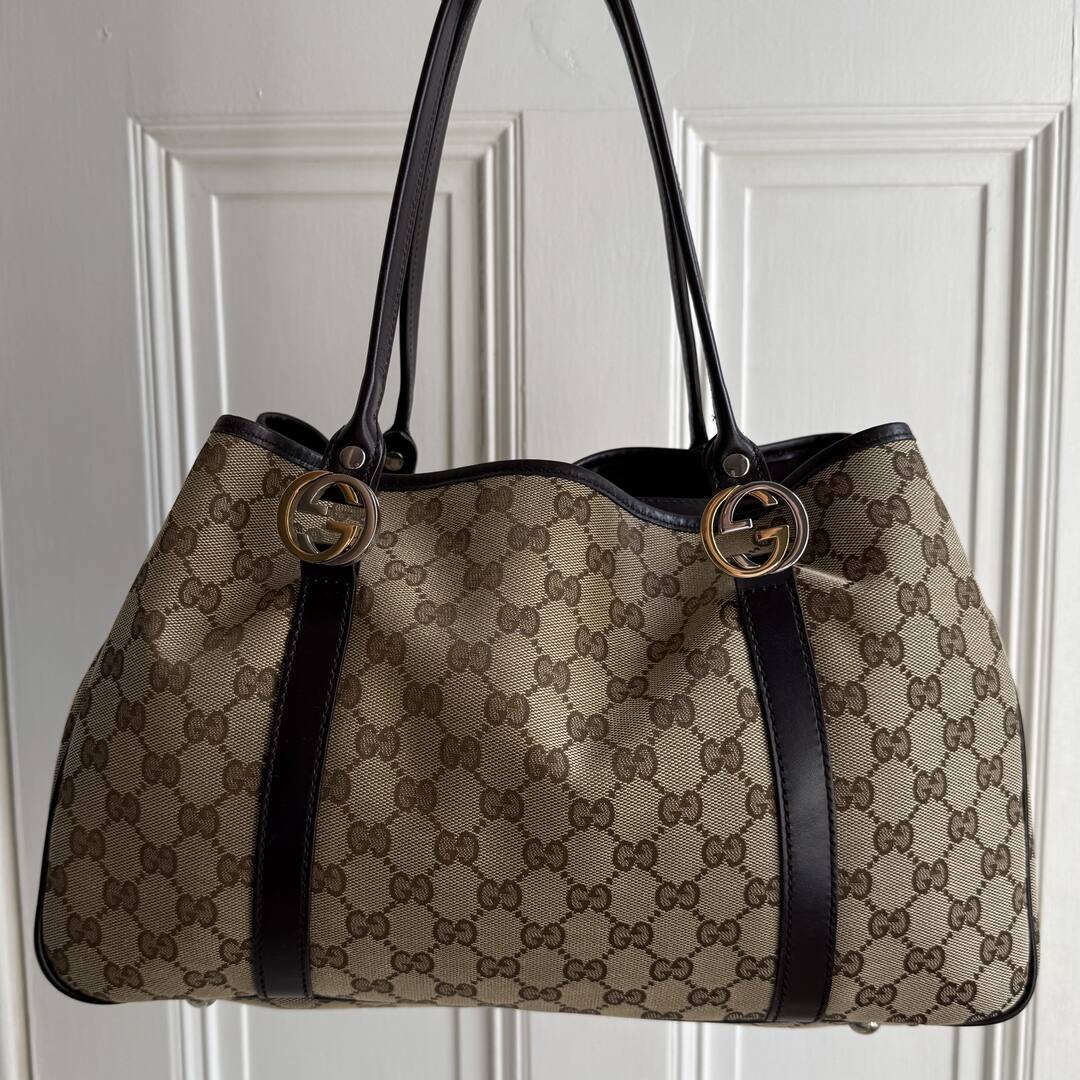 Gucci GG Canvas Twins Black Leather Tote Bag