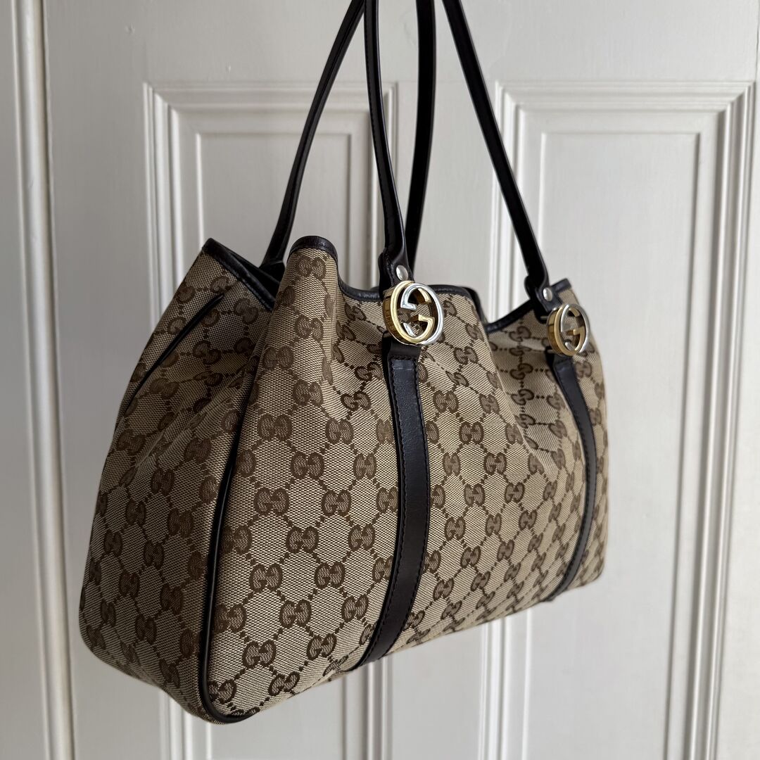Gucci GG Canvas Twins Black Leather Tote Bag