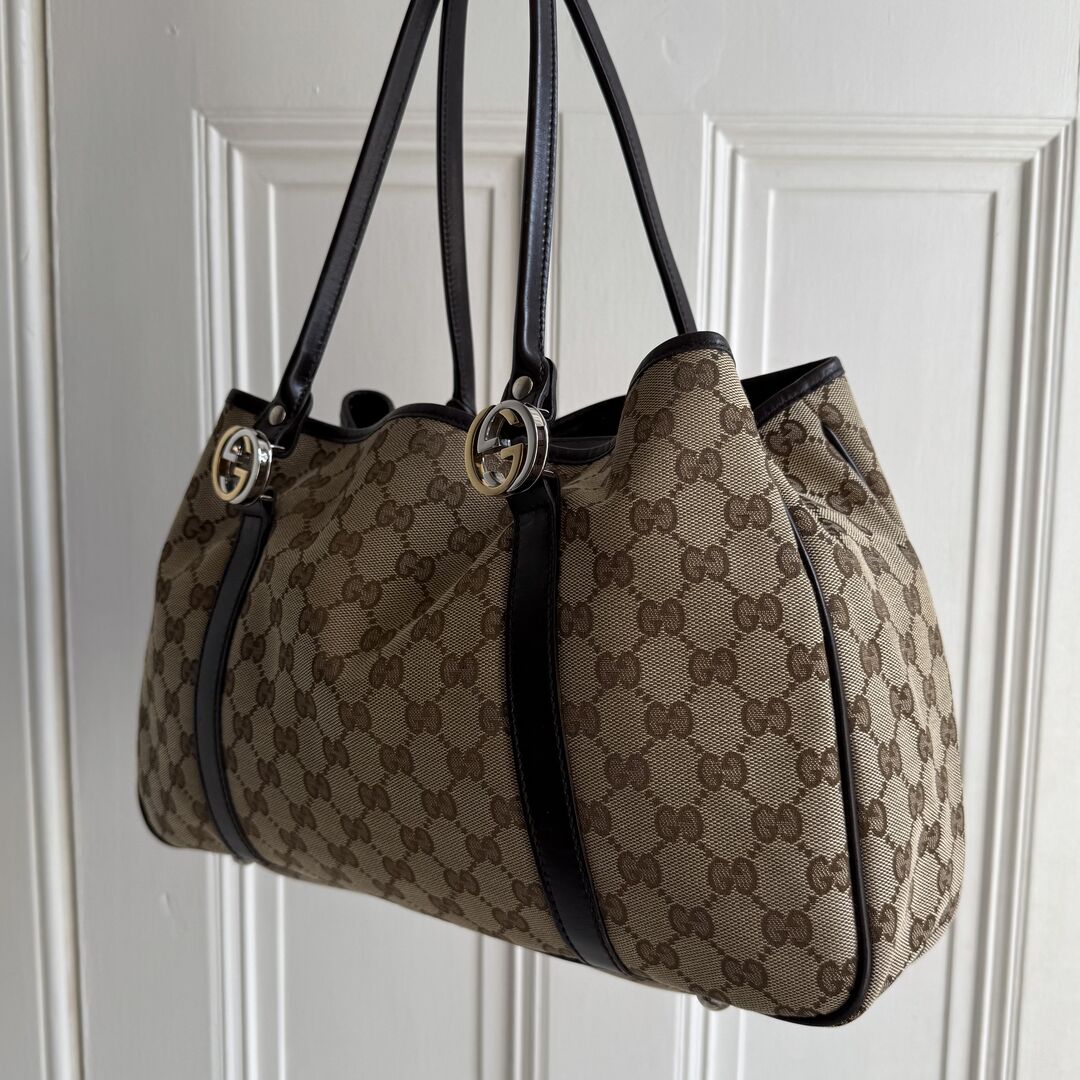Gucci GG Canvas Twins Black Leather Tote Bag
