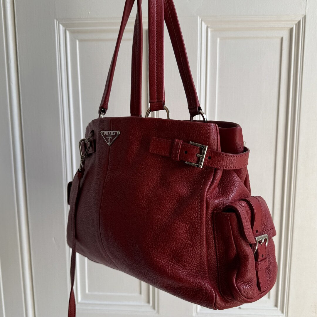 Prada Vitello Daino Leather Red Tote Bag