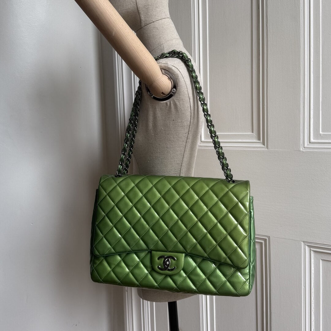 2012 Chanel CC Jumbo Double Flap Patent Leather Green Shoulder Bag