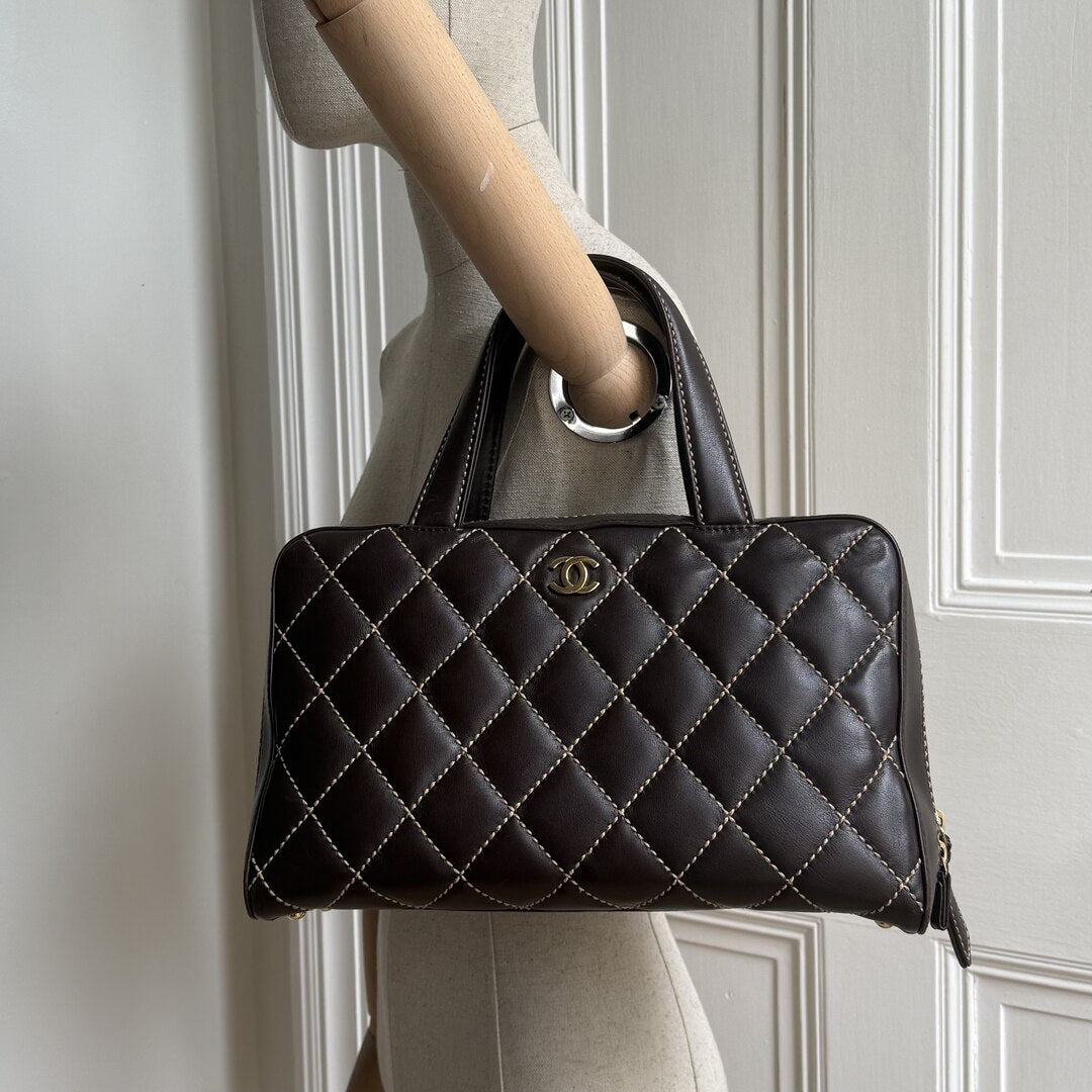 2002 Chanel CC Surpique Wild Stitch Brown Leather Handbag