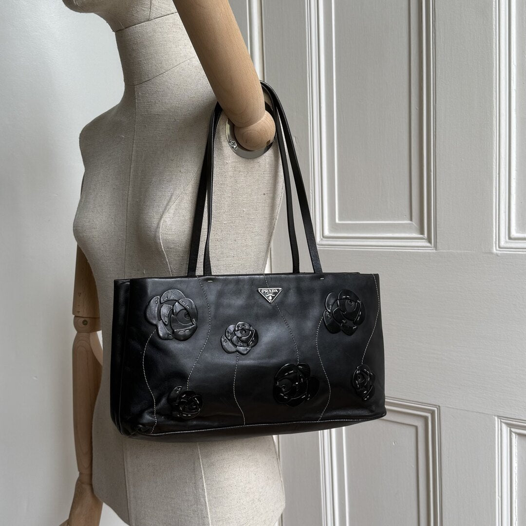 2000 Prada Floral Leather Black Shoulder Bag