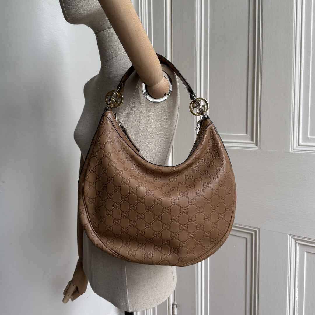 Gucci Guccissima Twins Hobo Brown Leather Shoulder Bag