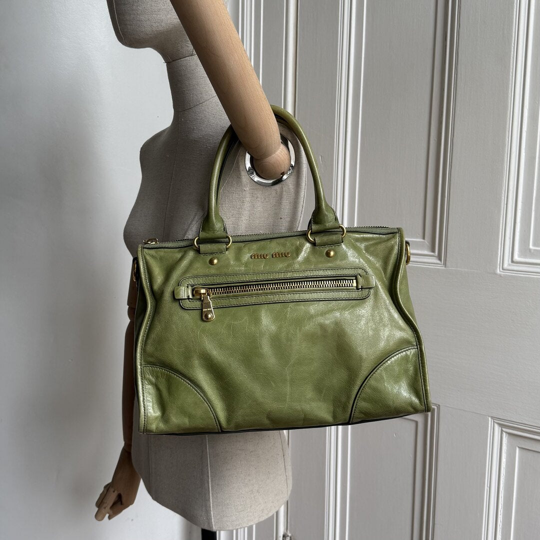 Miu Miu Vitello Shine Green Leather Handbag