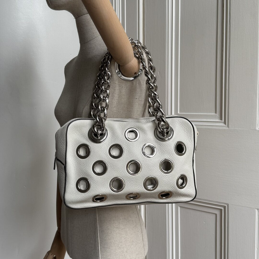 2001 Prada Grommet White Leather Chain Shoulder Bag