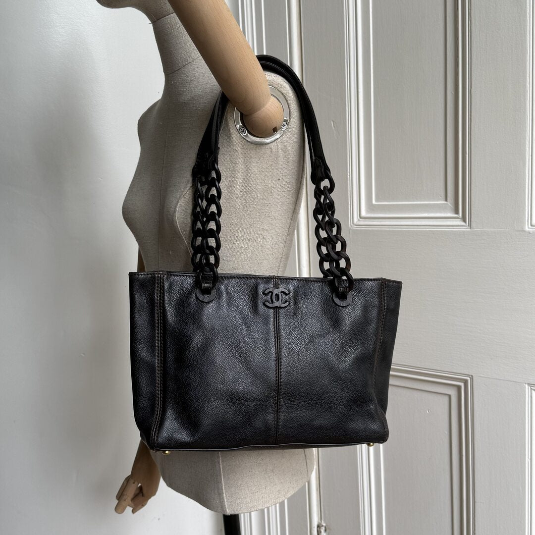 Chanel CC Caviar Leather Wood Chain Dark Brown Tote Bag