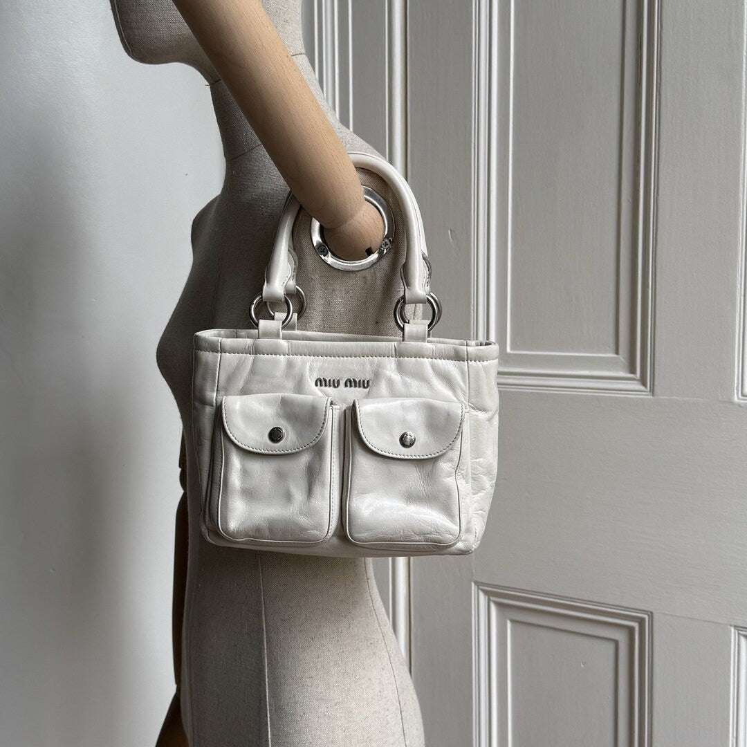 2021 Miu Miu Mini Shine Leather White Tote Bag