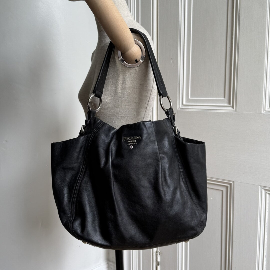 Prada Hobo Cervo Leather Black Tote Bag