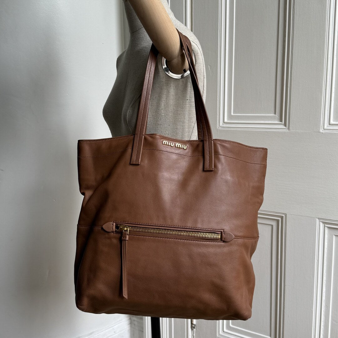 Miu Miu Vitello Brown Leather Tote Bag