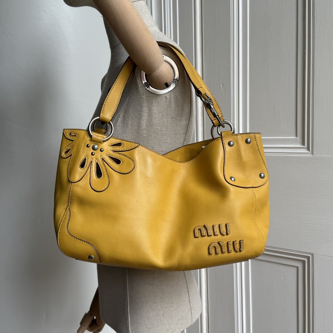 Rare Miu Miu Flower Hobo Leather Yellow Shoulder Bag