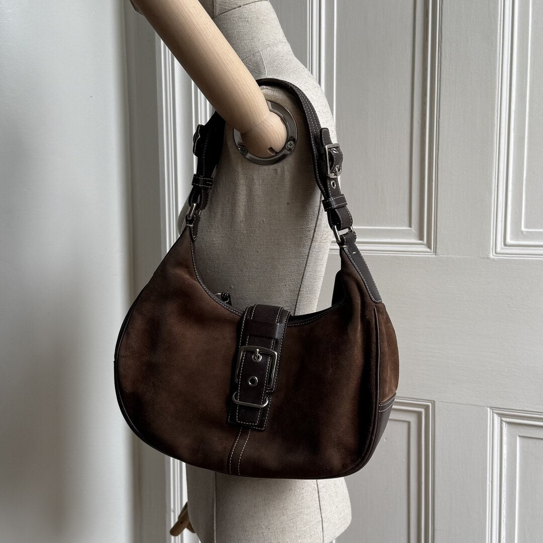 Coach Suede Leather Brown Hobo Buckle Shoulder Bag