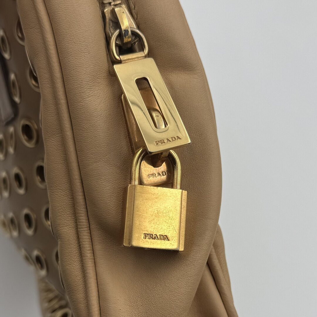 Prada Grommet Bauletto Beige Shoulder Bag
