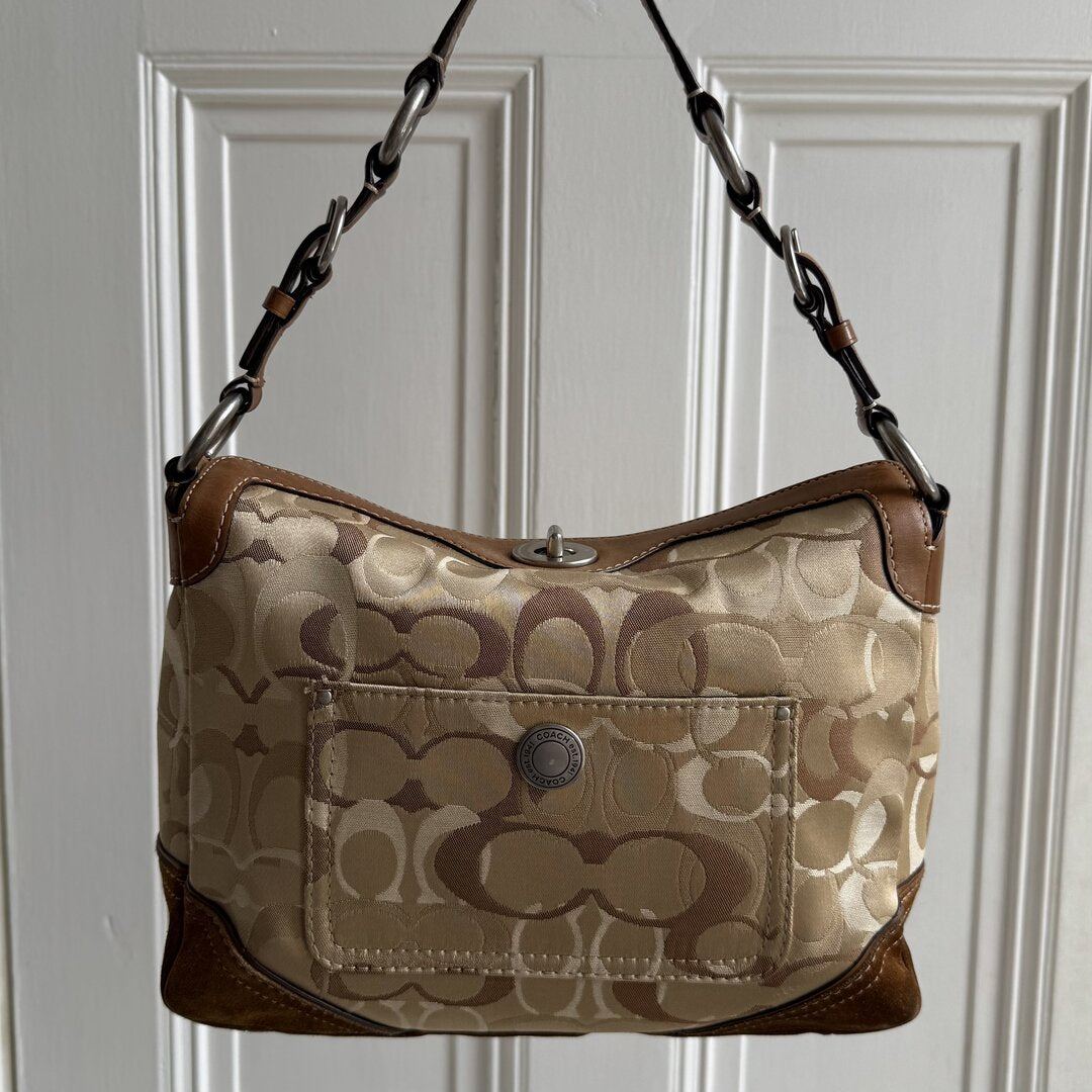 Coach Signature Suede Brown Shoulder Bag