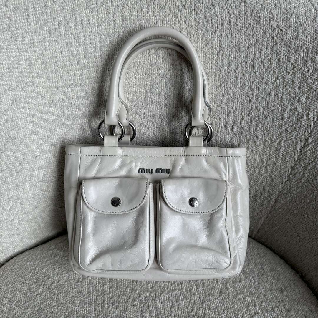 2021 Miu Miu Mini Shine Leather White Tote Bag