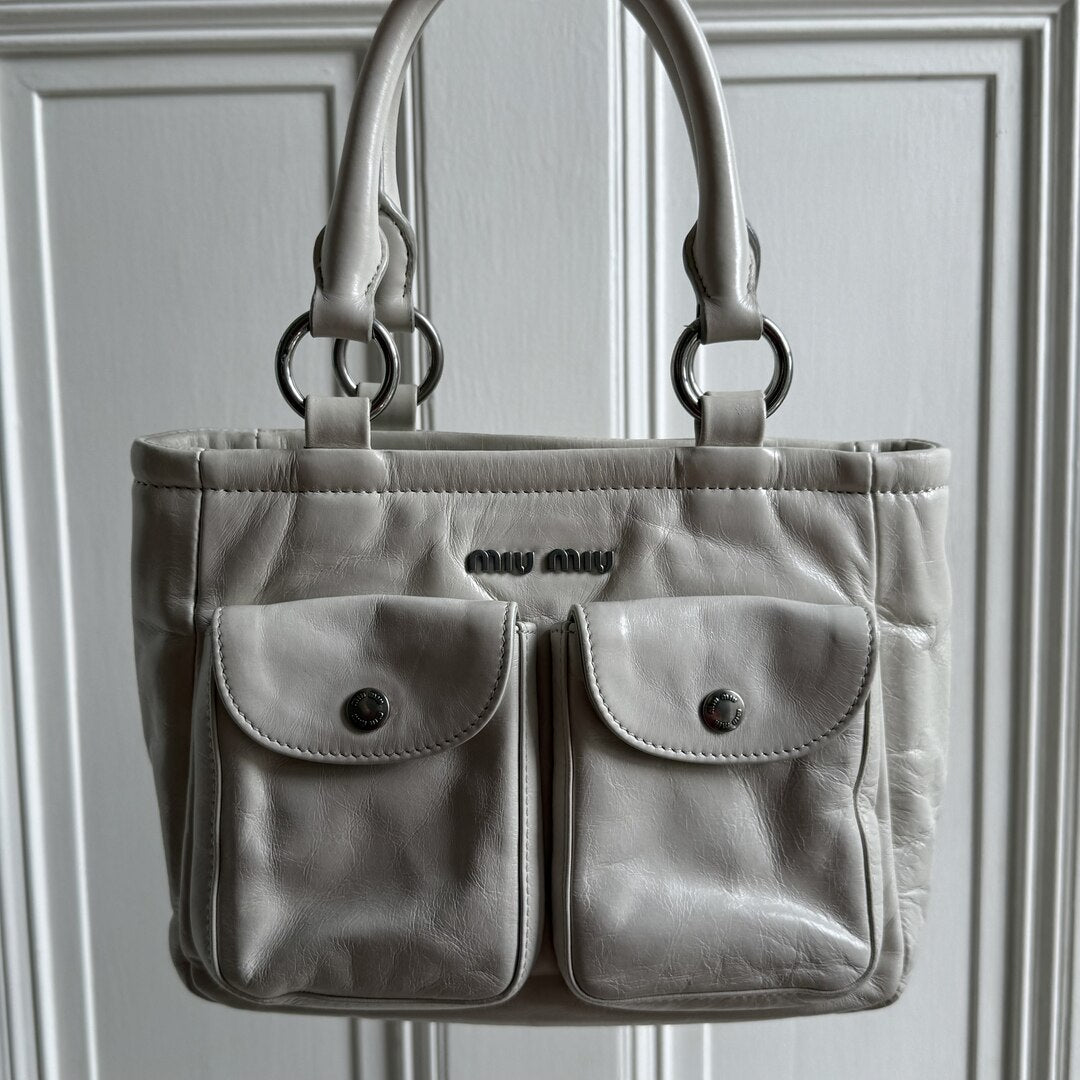 2021 Miu Miu Mini Shine Leather White Tote Bag