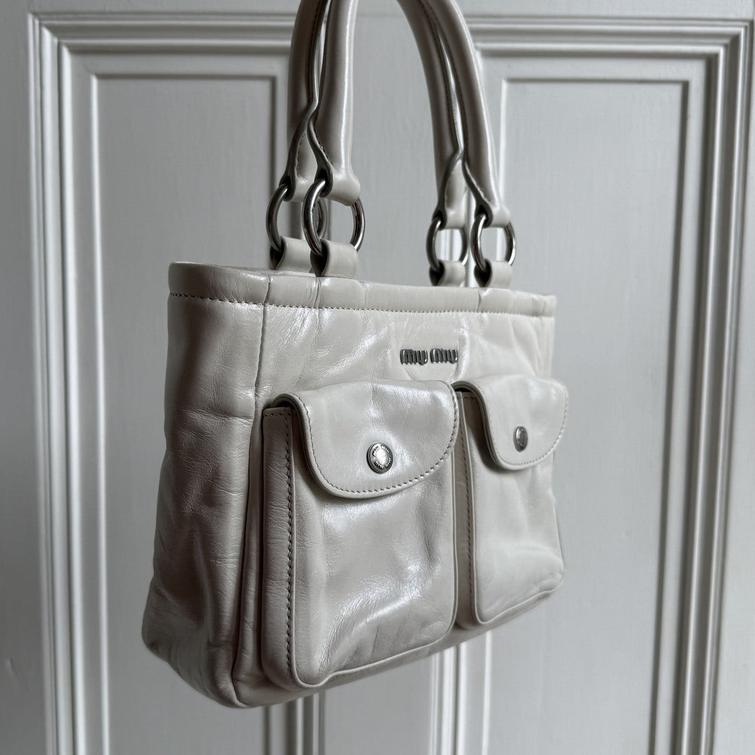 2021 Miu Miu Mini Shine Leather White Tote Bag