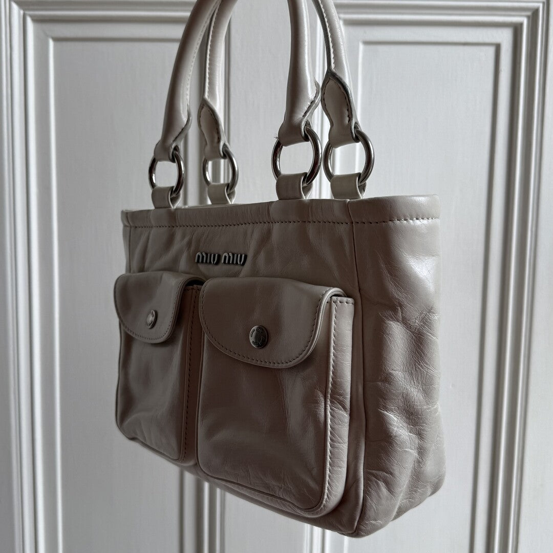 2021 Miu Miu Mini Shine Leather White Tote Bag