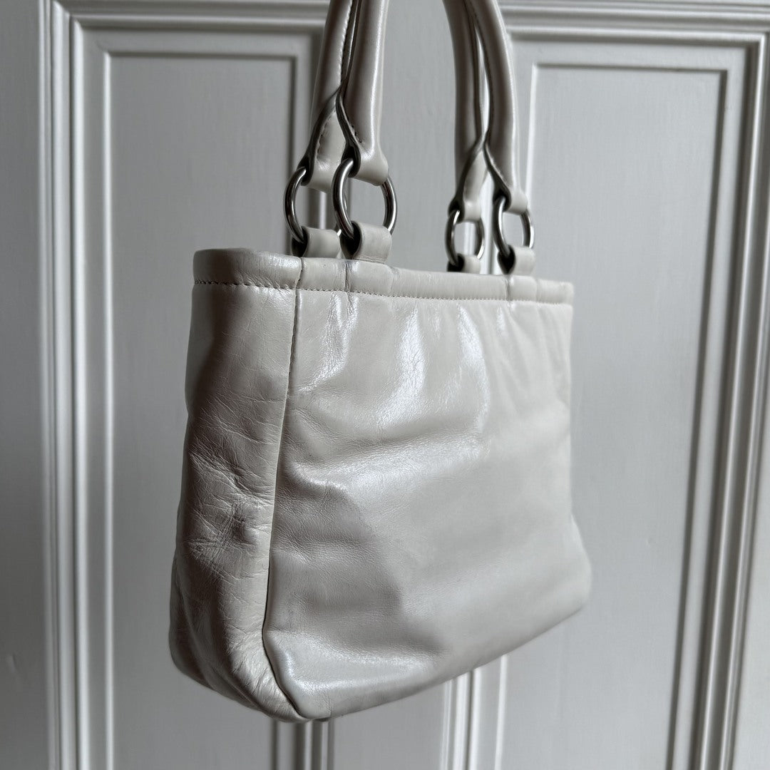 2021 Miu Miu Mini Shine Leather White Tote Bag