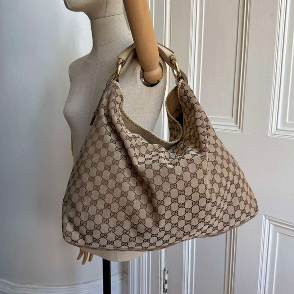 RARE Gucci GG Canvas Horsebit Large Hobo White Shoulder Bag