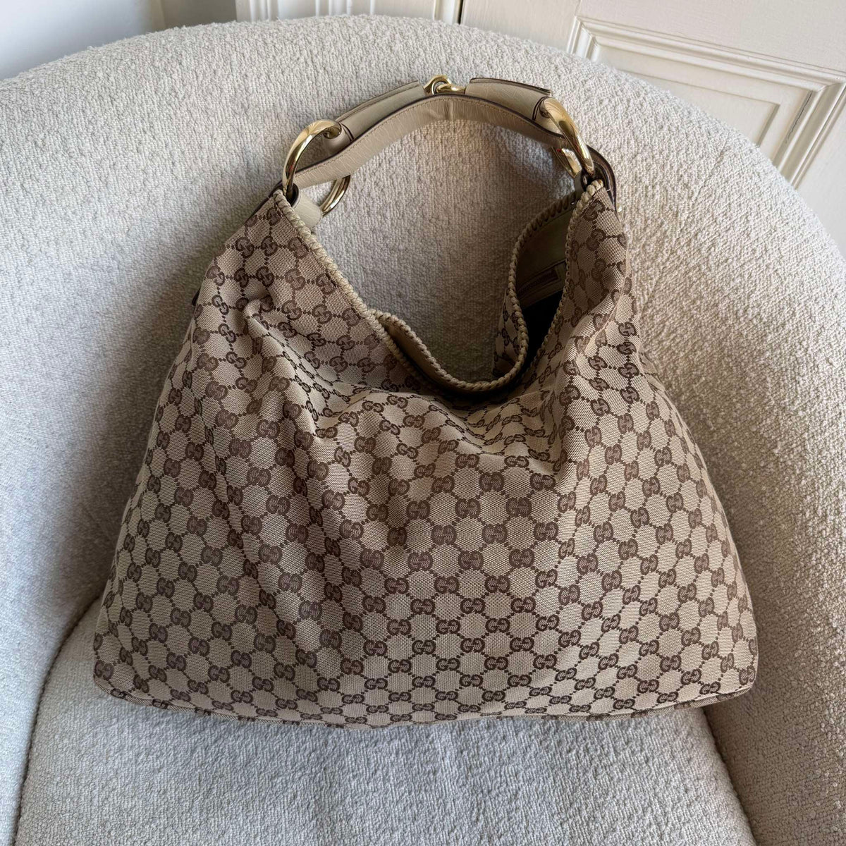 RARE Gucci GG Canvas Horsebit Large Hobo White Shoulder Bag