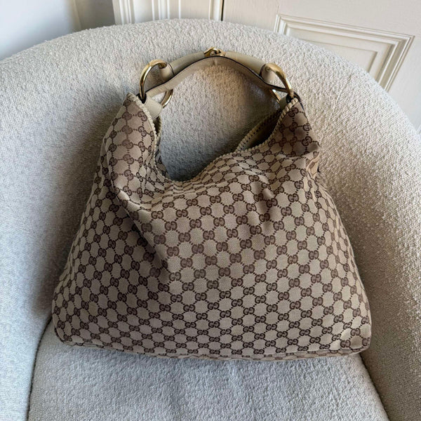 RARE Gucci GG Canvas Horsebit Large Hobo White Shoulder Bag
