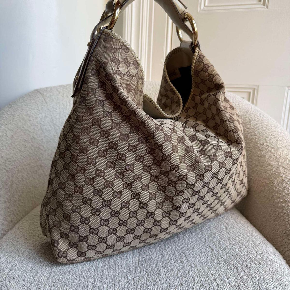 RARE Gucci GG Canvas Horsebit Large Hobo White Shoulder Bag