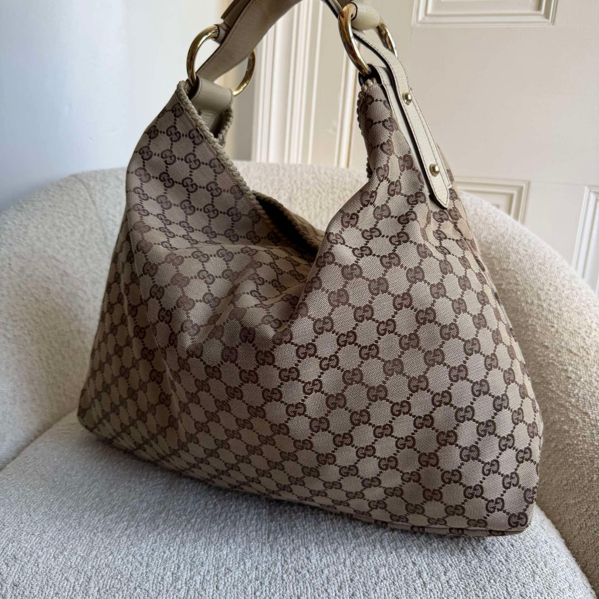 RARE Gucci GG Canvas Horsebit Large Hobo White Shoulder Bag