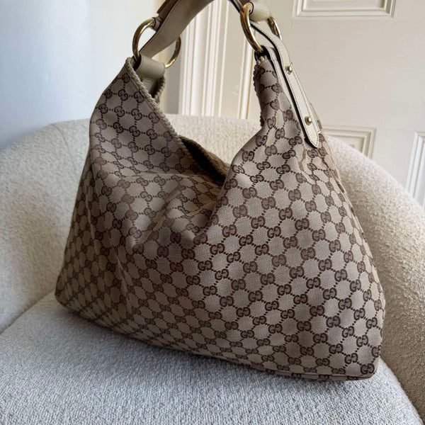 RARE Gucci GG Canvas Horsebit Large Hobo White Shoulder Bag