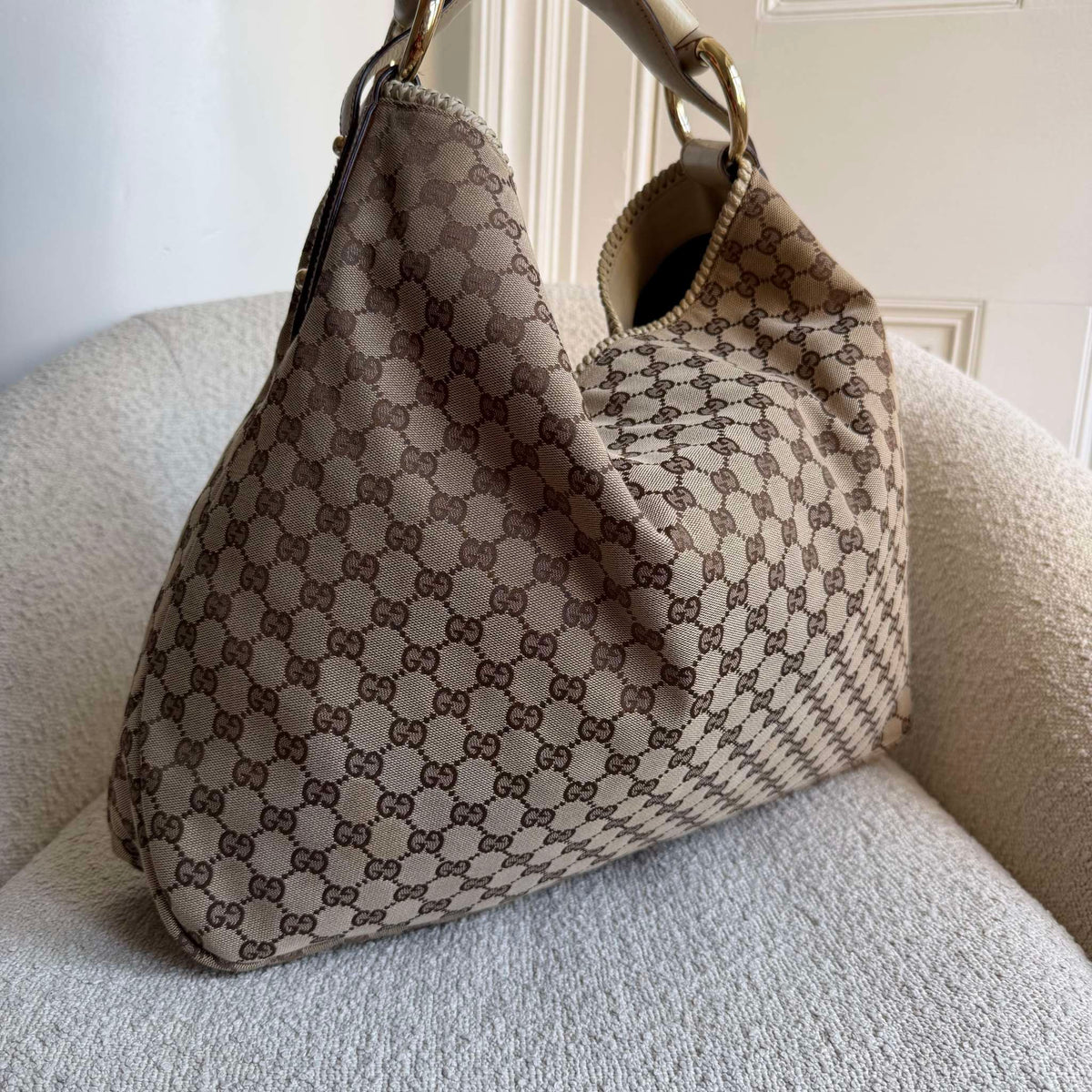 RARE Gucci GG Canvas Horsebit Large Hobo White Shoulder Bag