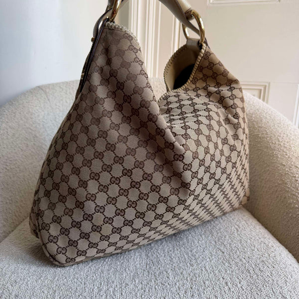 RARE Gucci GG Canvas Horsebit Large Hobo White Shoulder Bag