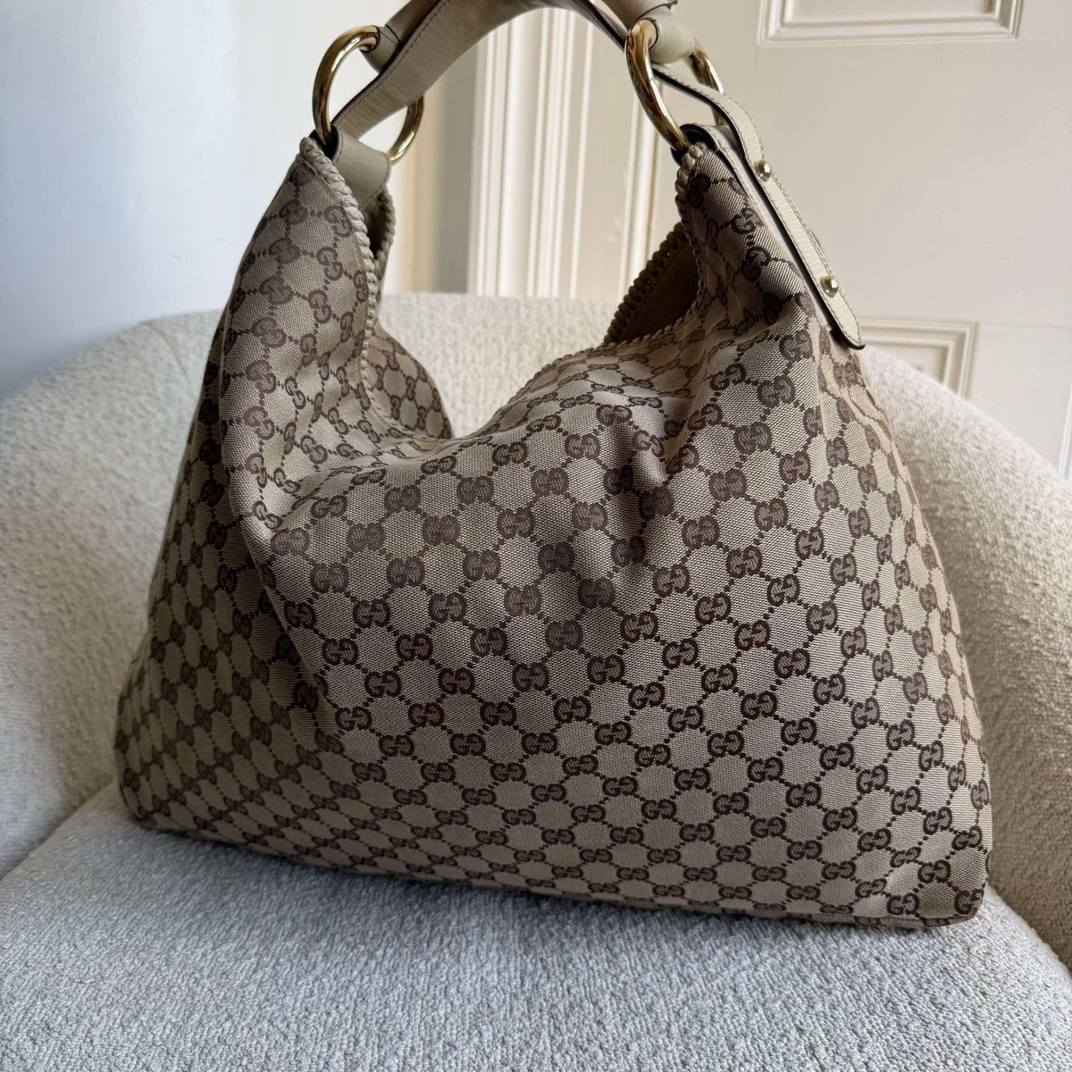 RARE Gucci GG Canvas Horsebit Large Hobo White Shoulder Bag