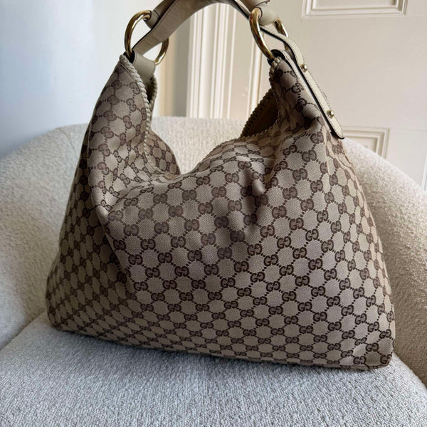 RARE Gucci GG Canvas Horsebit Large Hobo White Shoulder Bag