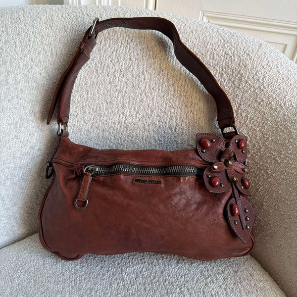 Archive Miu Miu Leather Flower Brown Shoulder Bag