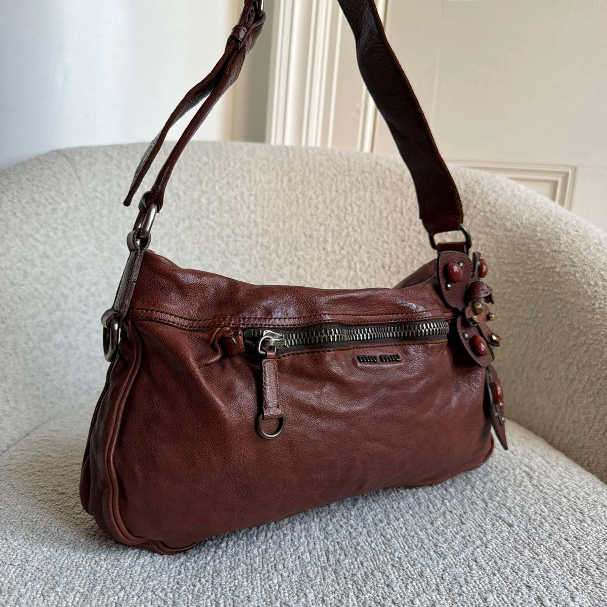 Archive Miu Miu Leather Flower Brown Shoulder Bag