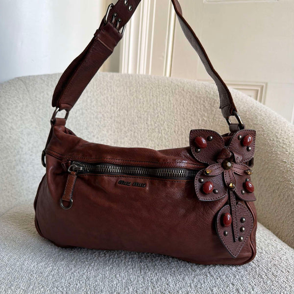Archive Miu Miu Leather Flower Brown Shoulder Bag