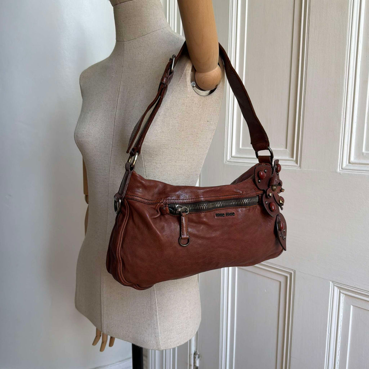Archive Miu Miu Leather Flower Brown Shoulder Bag