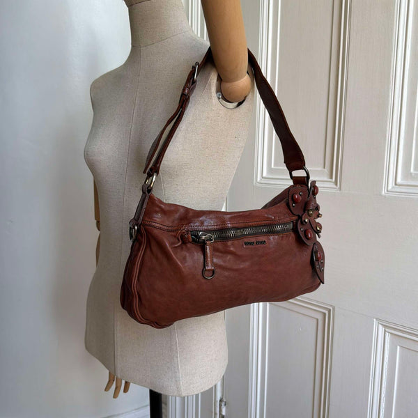 Archive Miu Miu Leather Flower Brown Shoulder Bag