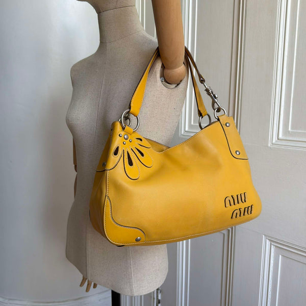RARE Miu Miu Flower Hobo Leather Yellow Shoulder Bag