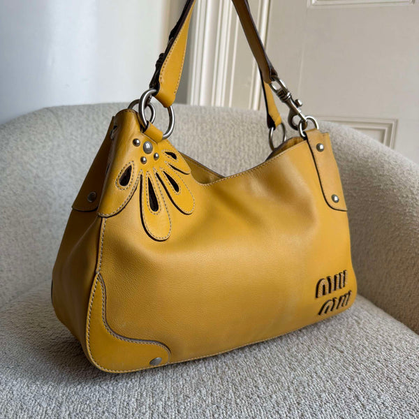 RARE Miu Miu Flower Hobo Leather Yellow Shoulder Bag
