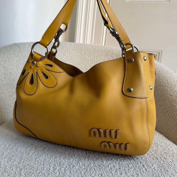 RARE Miu Miu Flower Hobo Leather Yellow Shoulder Bag