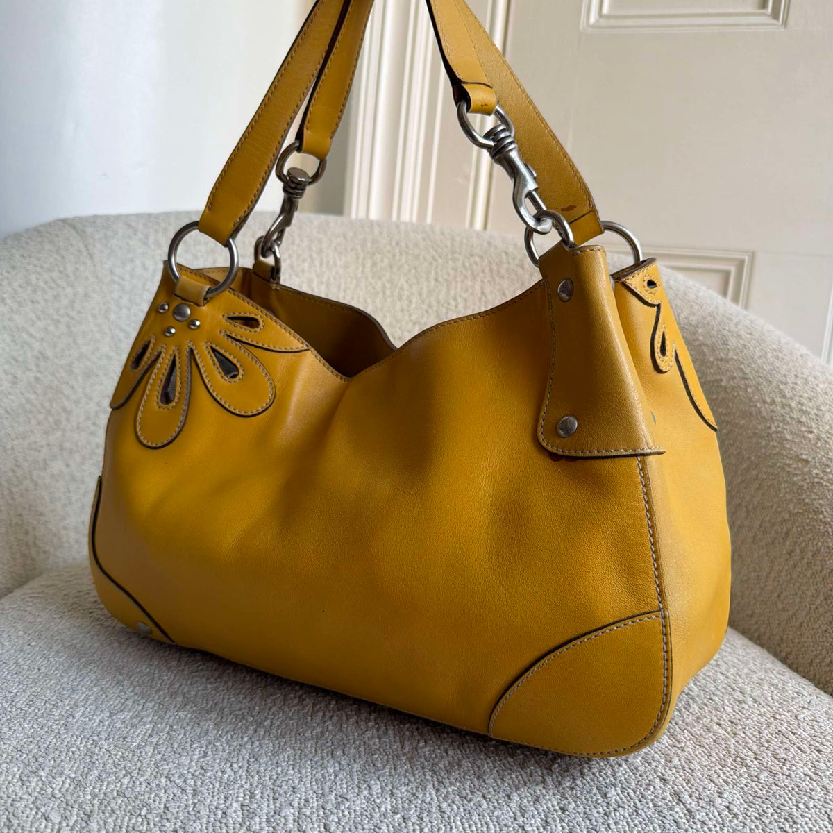 RARE Miu Miu Flower Hobo Leather Yellow Shoulder Bag