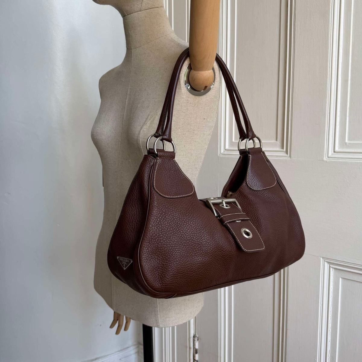 2000s Prada Moon Leather Brown Shoulder Bag
