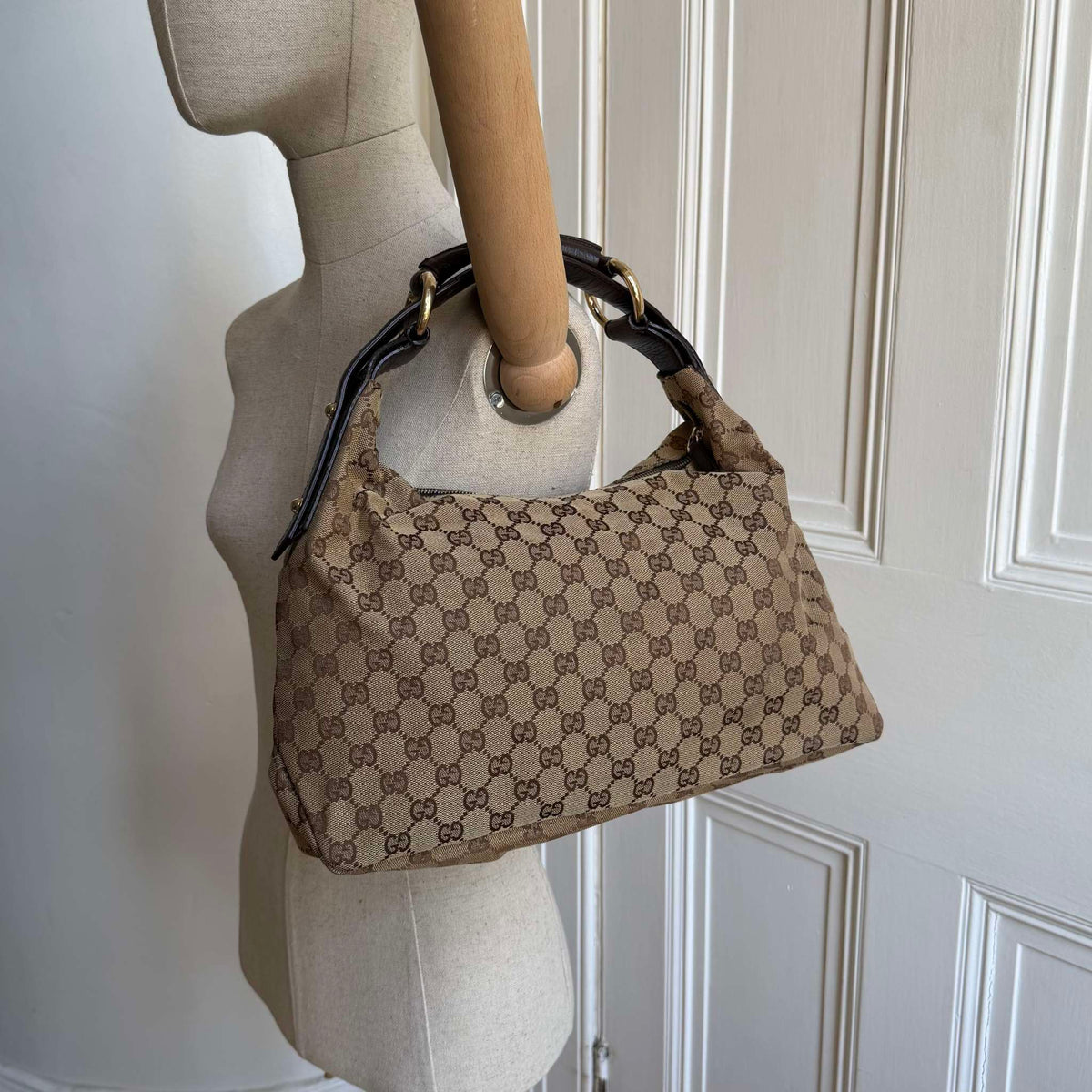 Gucci GG Canvas Horsebit Hobo Brown Shoulder Bag