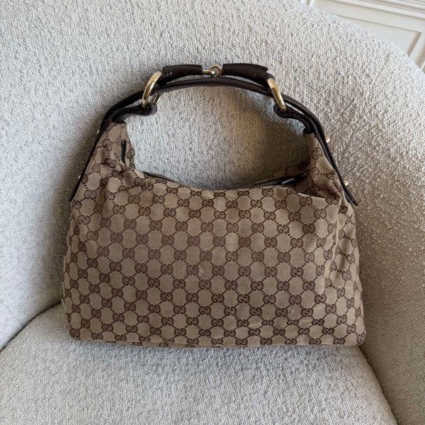 Gucci GG Canvas Horsebit Hobo Brown Shoulder Bag