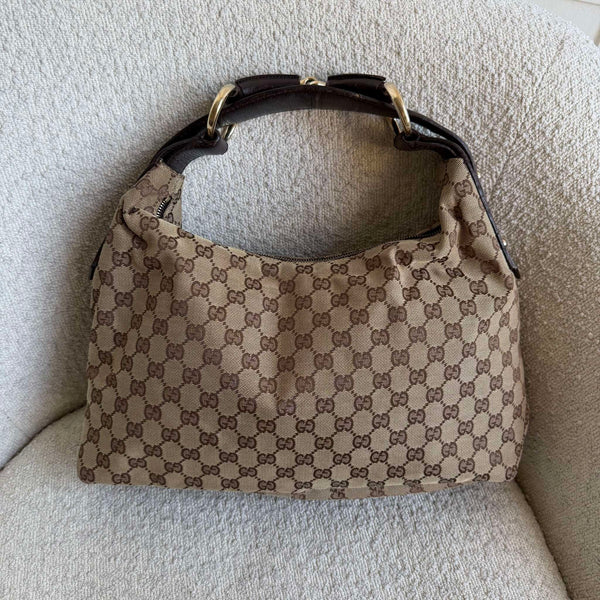 Gucci GG Canvas Horsebit Hobo Brown Shoulder Bag