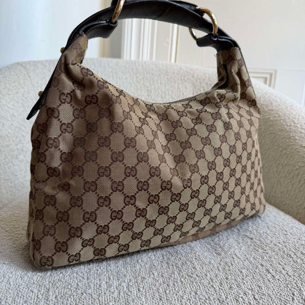 Gucci GG Canvas Horsebit Hobo Brown Shoulder Bag