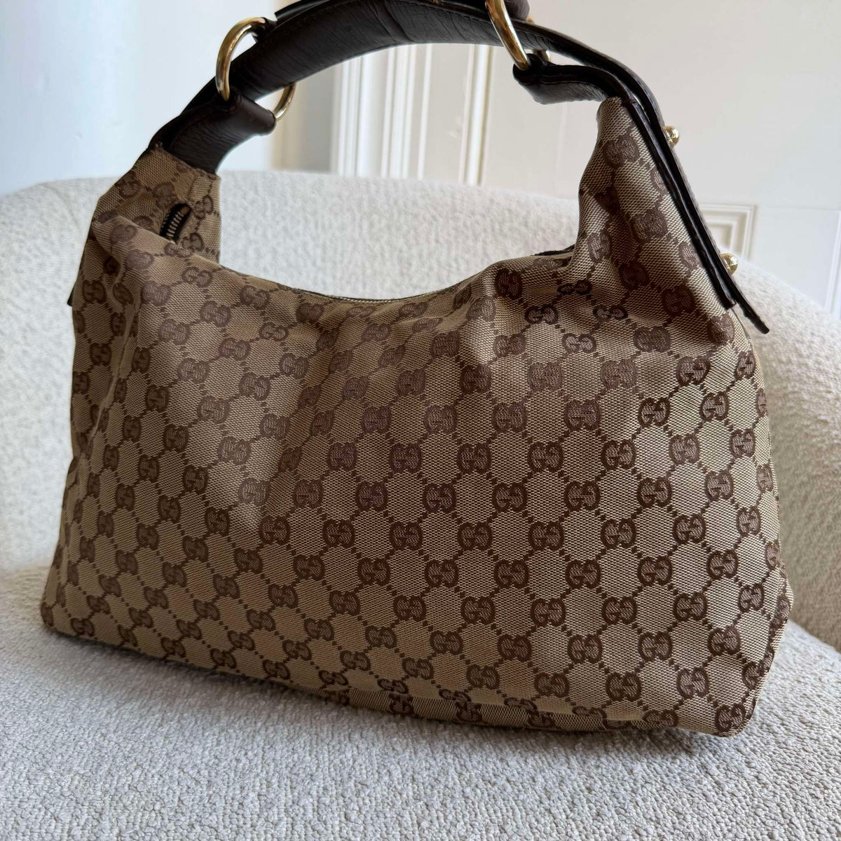 Gucci GG Canvas Horsebit Hobo Brown Shoulder Bag